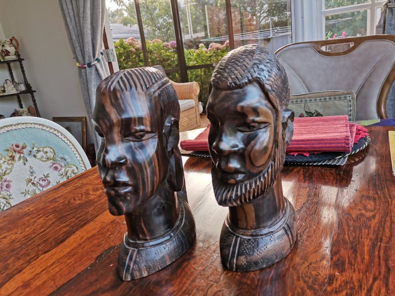 Two Carved Hardwood African Heads Carousel 1
