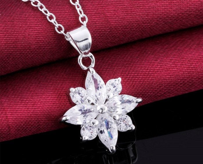 Necklace With Cubic Zirconia Flower Pendant Sterling Silver Plated - Gift Idea Carousel 2
