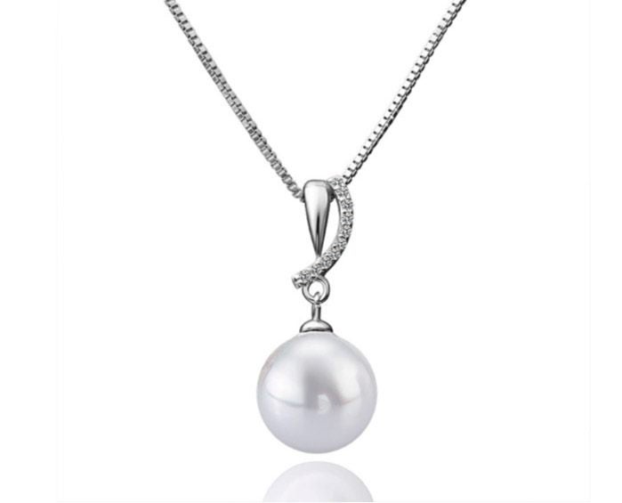 Necklace With Sim Pearl Pendant & CZ Diamond 18KGP White Gold Carousel 1