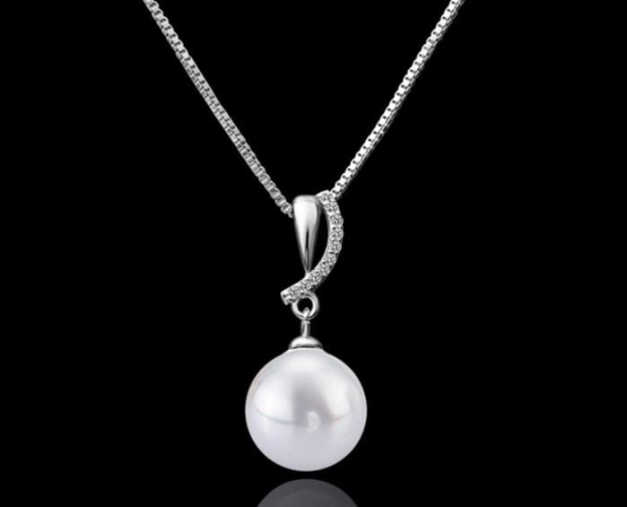 Necklace With Sim Pearl Pendant & CZ Diamond 18KGP White Gold Carousel 3