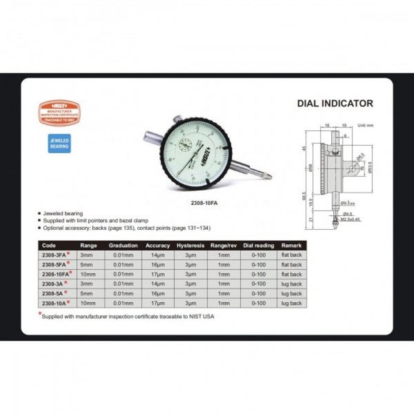 Insize Dial Indicator 10mm Range Lug Back Carousel 2
