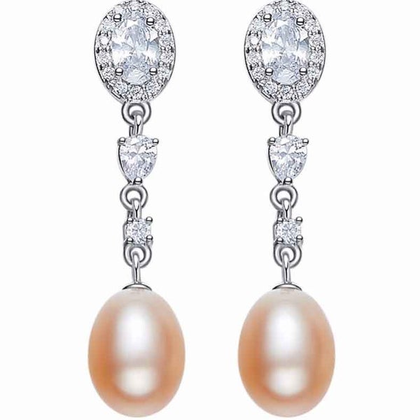 925 Sterling Silver Crystal Pearl Earrings "Alice" (Peach) Carousel 1
