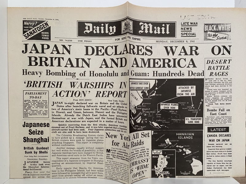 OLD WARTIME NEWSPAPER: Daily Mail, Monday 8th December 1941 Carousel 1