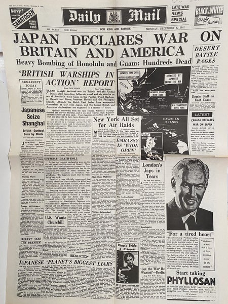 OLD WARTIME NEWSPAPER: Daily Mail, Monday 8th December 1941 Carousel 2