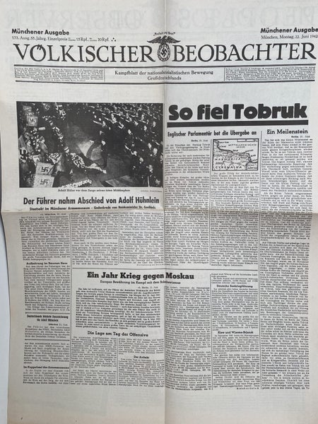 OLD WARTIME NEWSPAPER: Volkischer Beobachter, Monday 22nd June 1942 Carousel 2