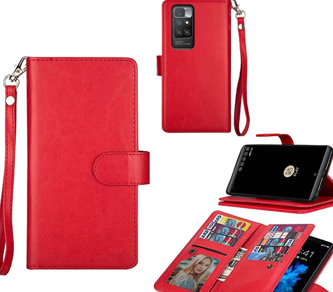 Redmi 10 Luxury Multifunction wallet case 9 card & wrist strap red Carousel 1