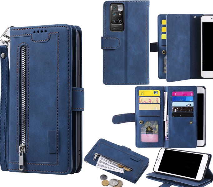 Redmi 10 all in one Suede wallet case front zip pocket lanyard navy Carousel 1