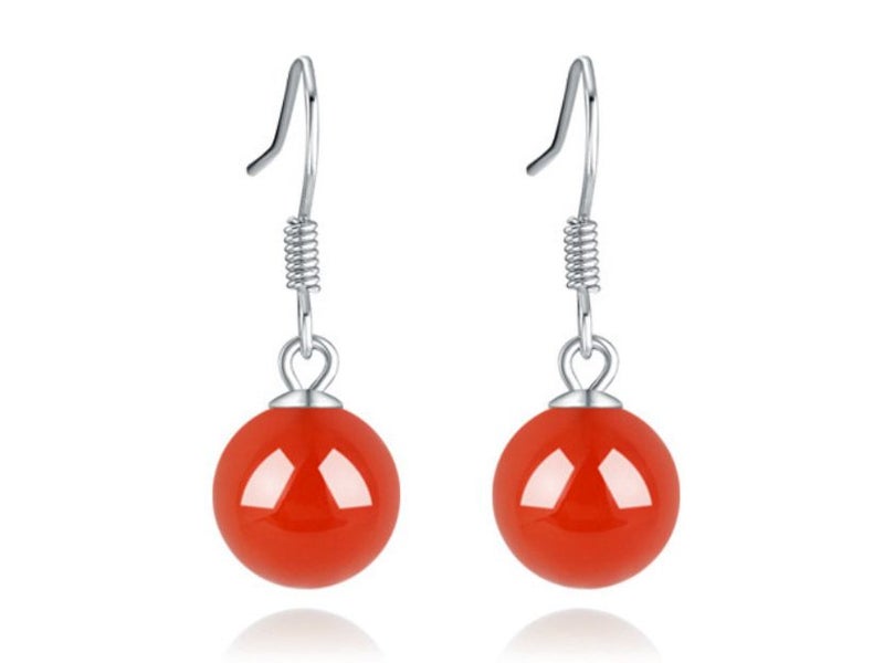S925 Sterling Silver Earrings With Red Onyx Ball / Hoop Earrings Carousel 1