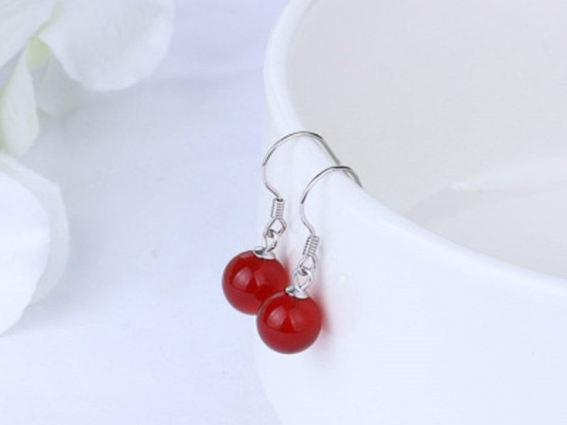 S925 Sterling Silver Earrings With Red Onyx Ball / Hoop Earrings Carousel 2