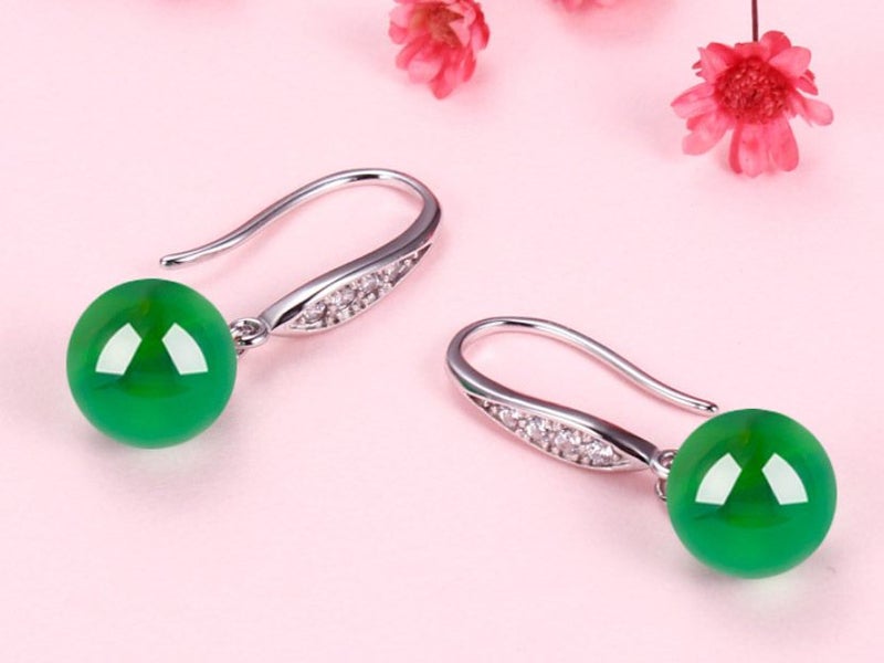 Green Onyx Gemstone Hoop Earrings With CZ Diamonds / Sterling Silver Earrings Carousel 1