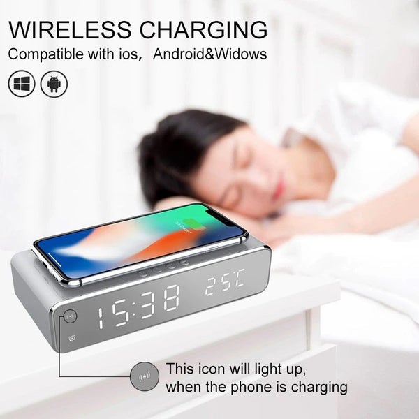 Alarm Clock, Time/Temperature Display/Wireless Charging/Silver Carousel 1