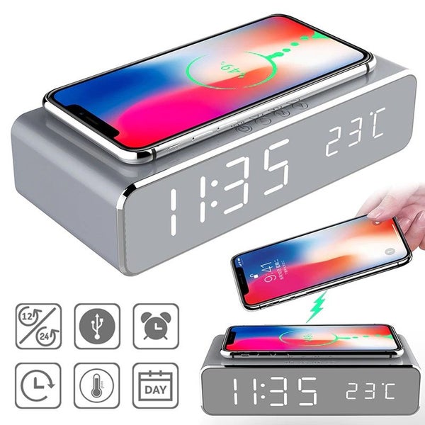 Alarm Clock, Time/Temperature Display/Wireless Charging/Silver Carousel 4