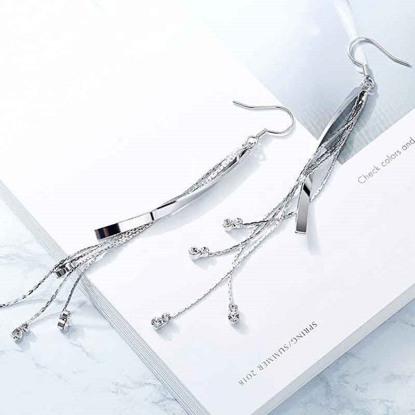 Long Silver Boho Crystal Tassel Earrings "Stella" Carousel 1