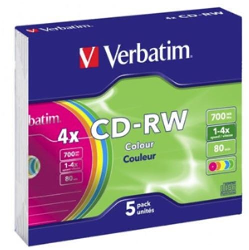 Verbatim CD-RW 700MB 2-4x Multi Colour 5 Pack with Slim Cases Carousel 1