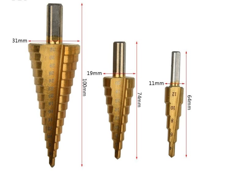 PTN 4-32mm Step Cone Drill Titanium Steel Metal Hole Cutter Bit HSS Carousel 2