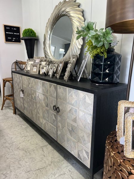 Cassie Oak /Iron Geometric Patterned 4 Door Sideboard Carousel 1