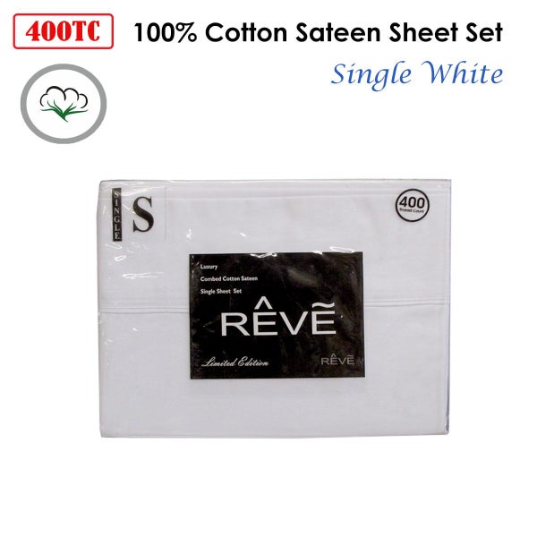 400TC Reve 100% Cotton Sateen Sheet Set White Single Carousel 2