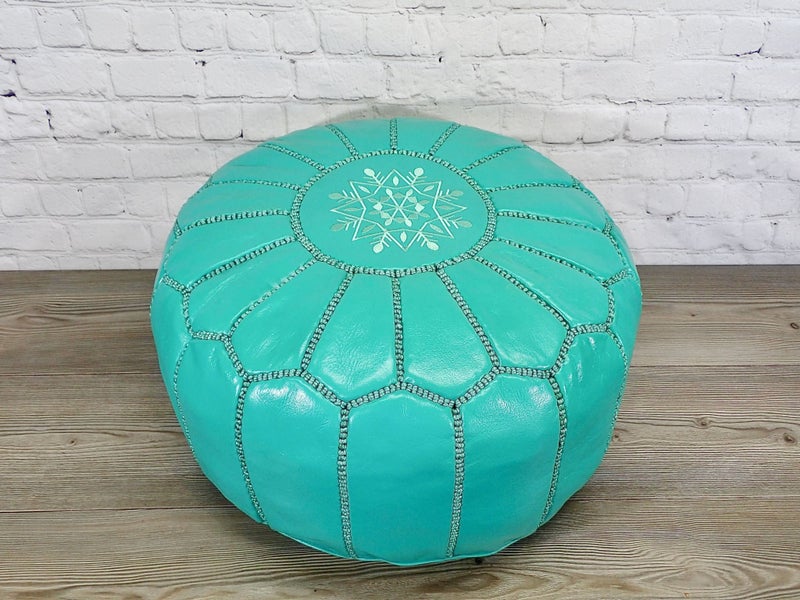 Quality Moroccan Leather Pouf Ottoman Footstool Turquoise - FREE DELIVERY Carousel 1