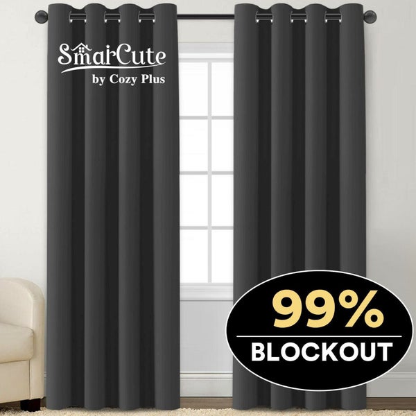 2 x Blockout Curtains Blackout Bedroom Curtain Draperies Eyelet ,Dark Grey Carousel 2