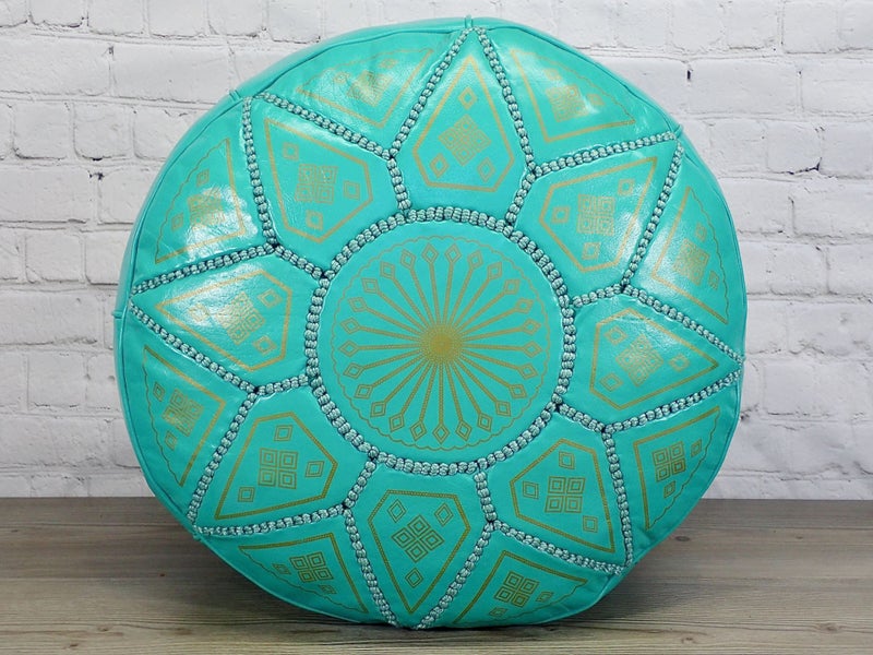 Quality Moroccan Leather Pouf Ottoman Footstool Turquoise - FREE DELIVERY Carousel 1