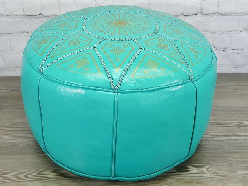 Quality Moroccan Leather Pouf Ottoman Footstool Turquoise - FREE DELIVERY Carousel 1