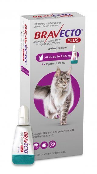 Bravecto Spot on Flea and Tick Plus a worming Treatment for Cat 6.25 to 12.5kg Carousel 1