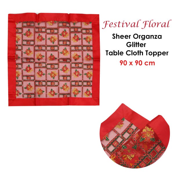 Christmas Red Festival Floral Sheer Organza Glitter Table Cloth Topper Carousel 2