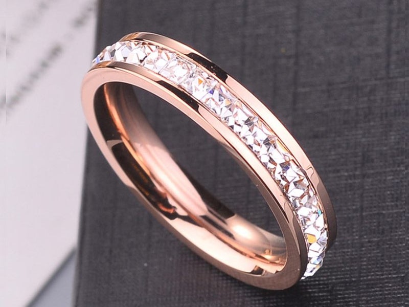 316L Stainless Steel Wedding Rose Gold Band Men Women CZ Ring Size 8 Carousel 1