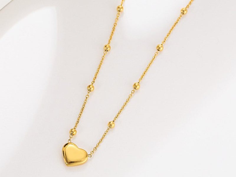 Stainless Steel Heart Pendant Necklace With Beads Chain 18KGP Gold Carousel 3