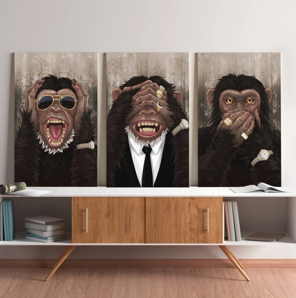 ON SALE FREE SHIPPING - 3 Piece Canvas Art Print - Funny Monkey Carousel 1