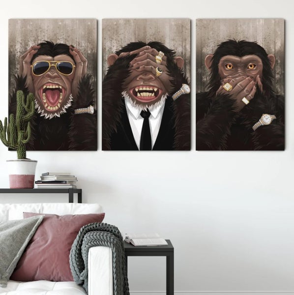 ON SALE FREE SHIPPING - 3 Piece Canvas Art Print - Funny Monkey Carousel 2