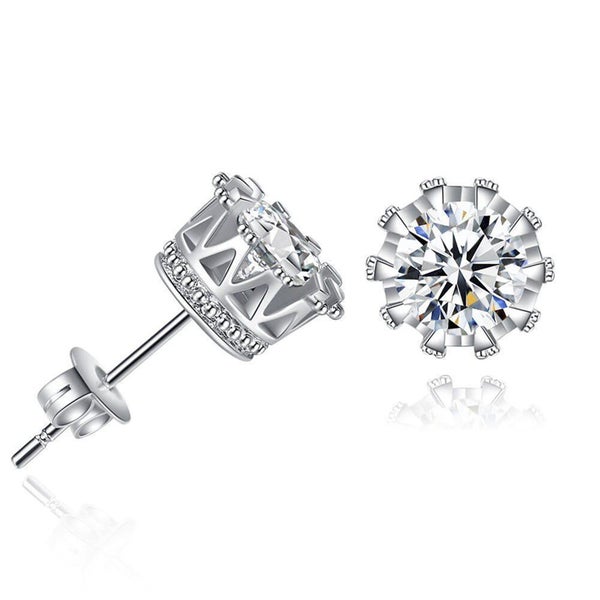 925 Sterling Silver Small Crown Women Men CZ Crystal Solitaire Stud Earrings Carousel 1