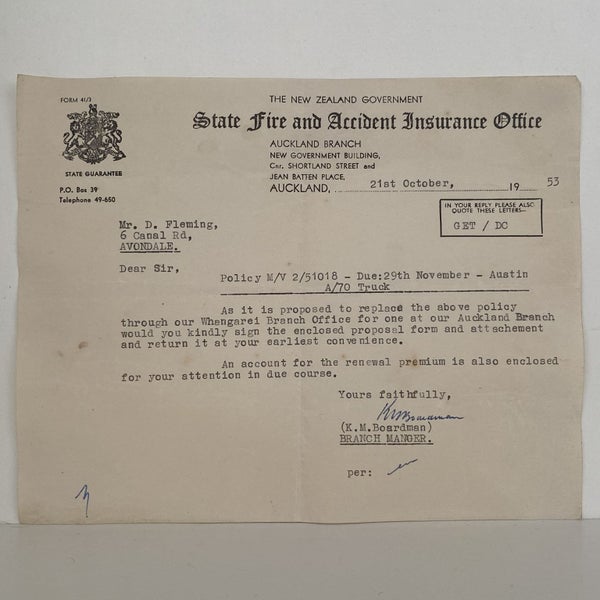 OLD LETTERHEAD: from State Fire and Accident Insurance Office, Auckland 1953 Carousel 1