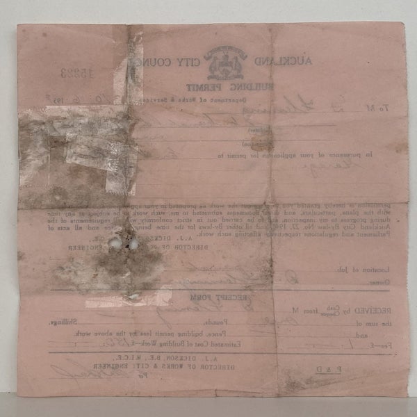 OLD INVOICE / RECEIPT: from Auckland City Council for a Building Permit 1958 Carousel 2