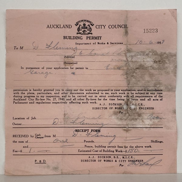 OLD INVOICE / RECEIPT: from Auckland City Council for a Building Permit 1958 Carousel 1
