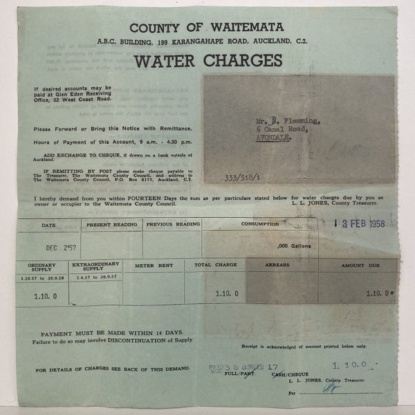 OLD INVOICE / RECEIPT: Water Charges from County of Waitemata 1958 Carousel 1