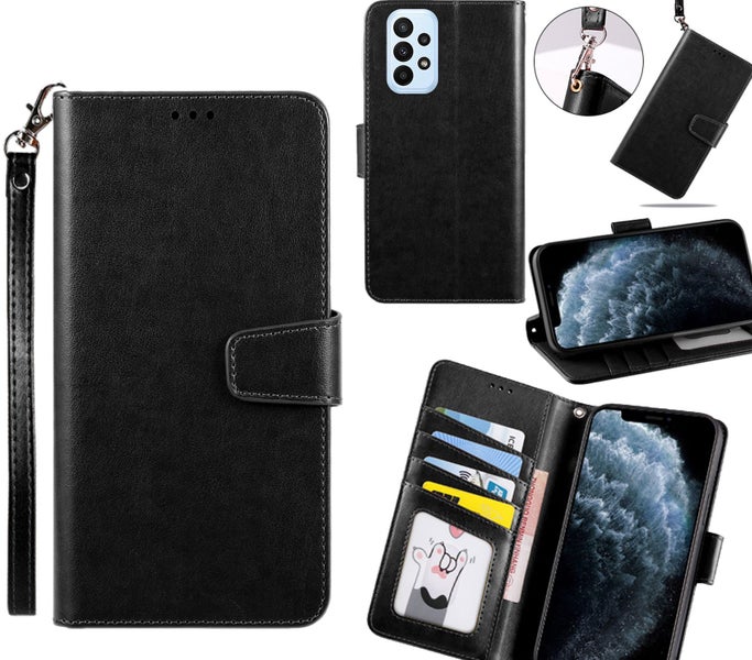 Samsung galaxy a23 PU leather wallet case cowhide finish lanyard black Carousel 1