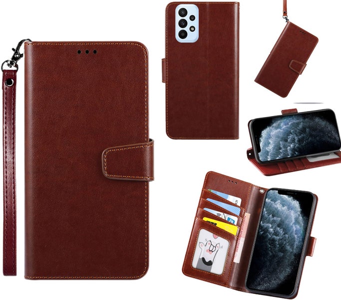 Samsung galaxy a23 PU leather wallet case cowhide finish lanyard brown Carousel 1