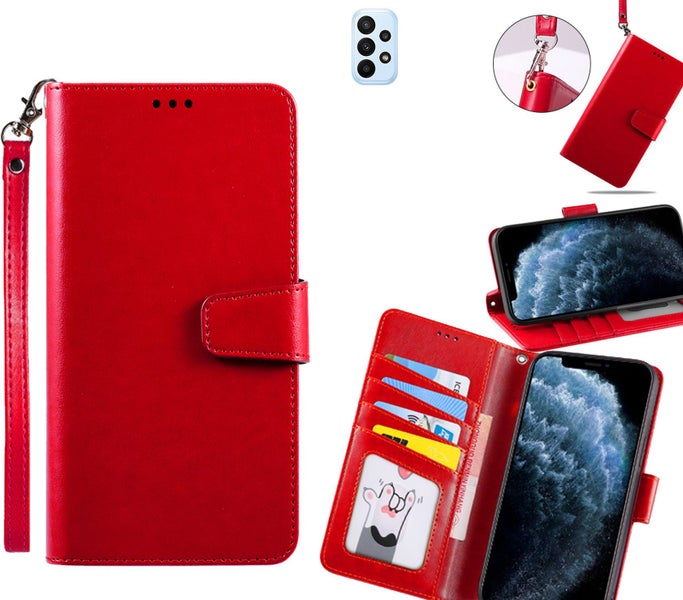 Samsung galaxy a23 5g PU leather wallet case cowhide finish lanyard red Carousel 1