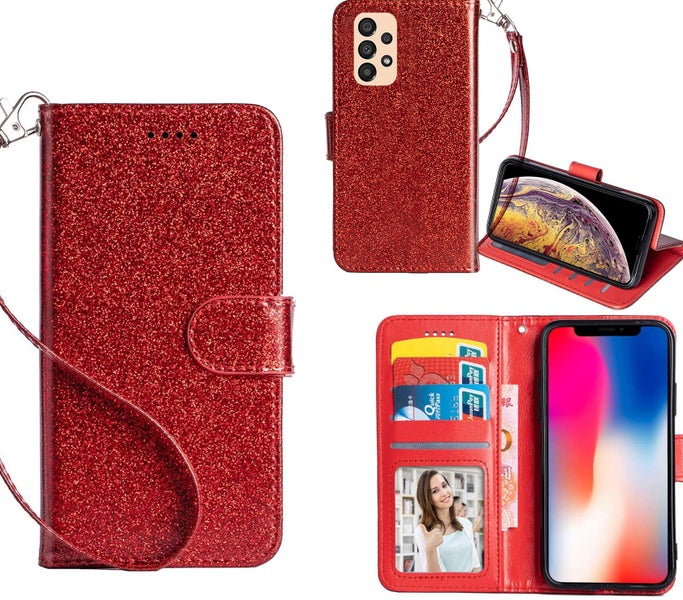 Samsung galaxy a33 5g Luxury Glitter PU leather Wallet Case card ID red Carousel 1
