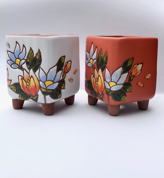 Set of 2 Succulent Pots Bonsai Pots Hand Carved & Painted With Drainage Holes Carousel 1