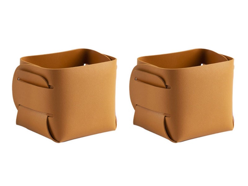 2X Makeup Brush Organizer Desktop Storage Leather Basket Pen Storage Bag Brown Carousel 4