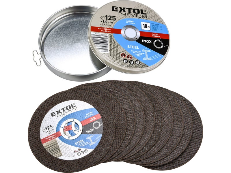 EXTOL PREMIUM 10 Pack Cutting discs for steel / stainless steel, 125x1.0x22.2mm Carousel 1