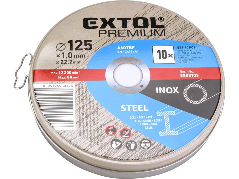 EXTOL PREMIUM 10 Pack Cutting discs for steel / stainless steel, 125x1.0x22.2mm Carousel 2