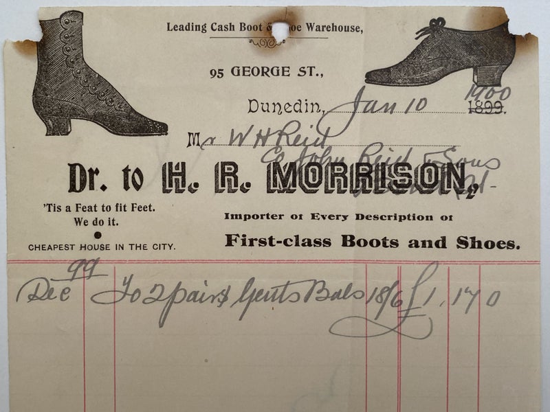 ANTIQUE INVOICE / RECEIPT: from H. Morrison - Shoemaker, Dunedin 1900 (122yo) Carousel 1