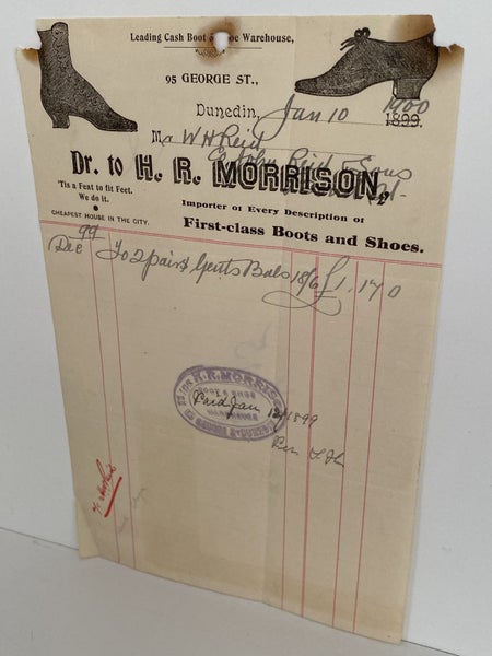 ANTIQUE INVOICE / RECEIPT: from H. Morrison - Shoemaker, Dunedin 1900 (122yo) Carousel 2