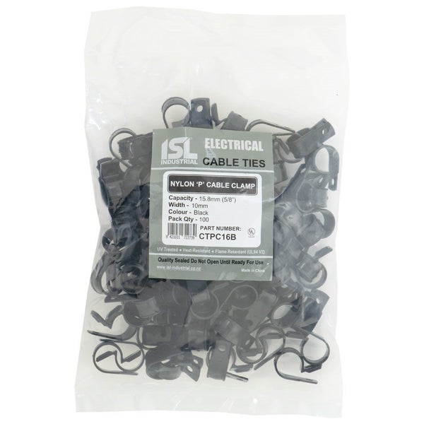 ISL Nylon 'P' Cable Clamp 16mm Black 100pk Carousel 1