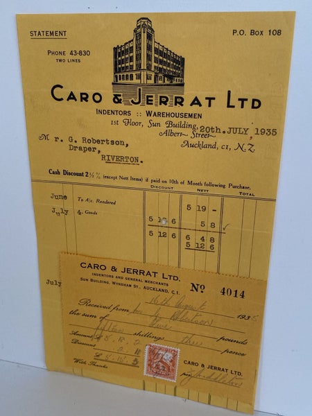 OLD INVOICE / RECEIPT: from Caro & Jerrat Ltd - Warehousemen, Auckland 1935 Carousel 2