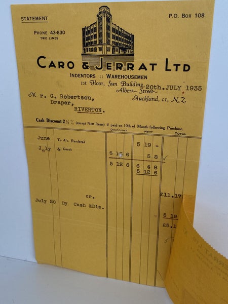 OLD INVOICE / RECEIPT: from Caro & Jerrat Ltd - Warehousemen, Auckland 1935 Carousel 3