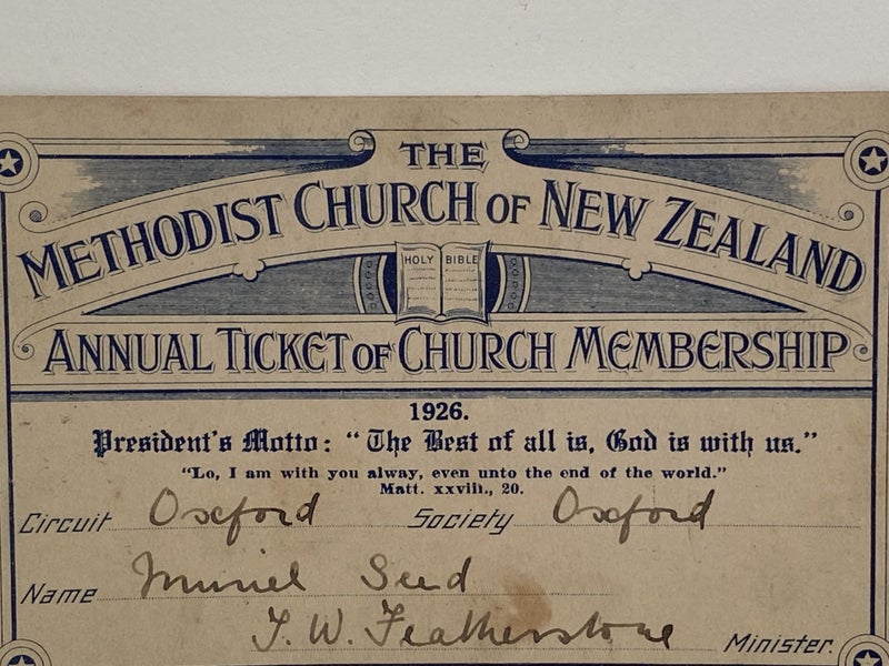 OLD MEMBERSHIP TICKET: Methodist Church of New Zealand, Oxford 1926 Carousel 1